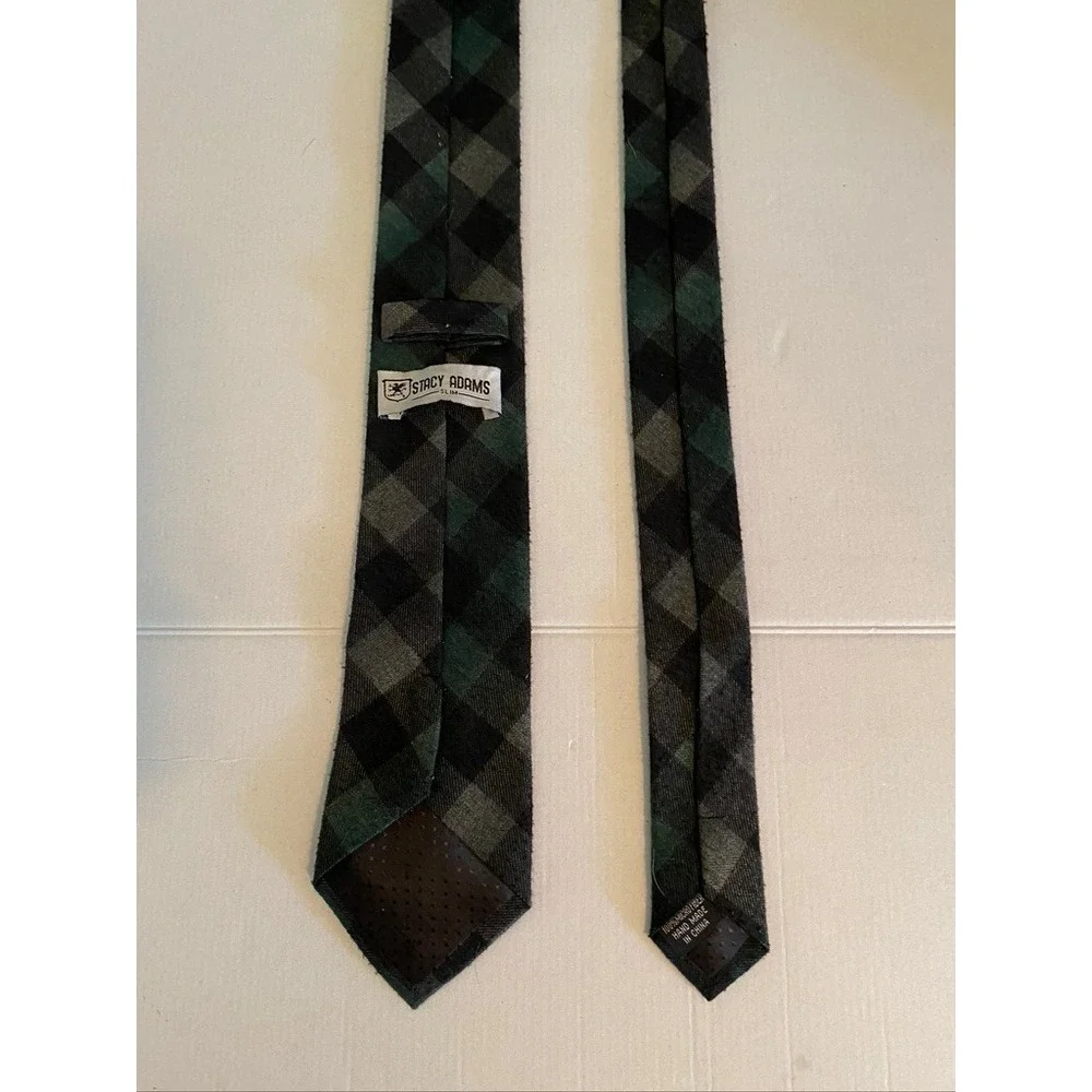 Stacy Adams Slim Necktie Green Grey Black Buffalo Plaid Microfiber Handmade